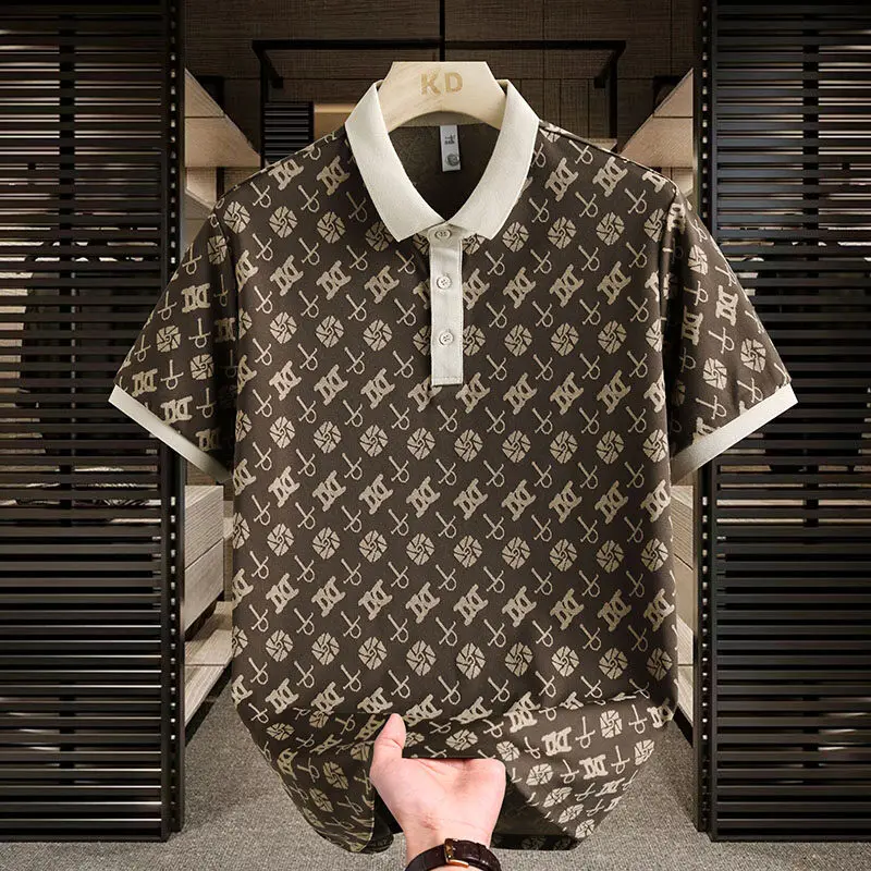 DARK Polo shirt Street Wear Men's Old Money Style Retro Pattern Full Print shirt British Classy Short-Sleeved Lapel polo shirt 
