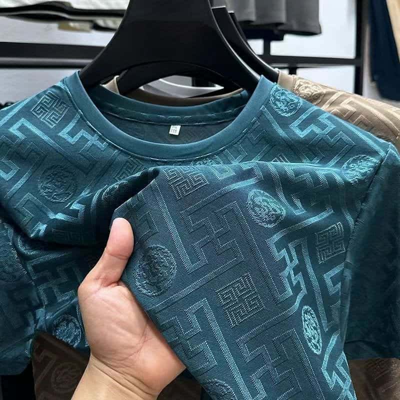 BLUE high-end design men's T-shirt round neck exquisite jacquard short sleeved summer fashion casual elastic men's clothing